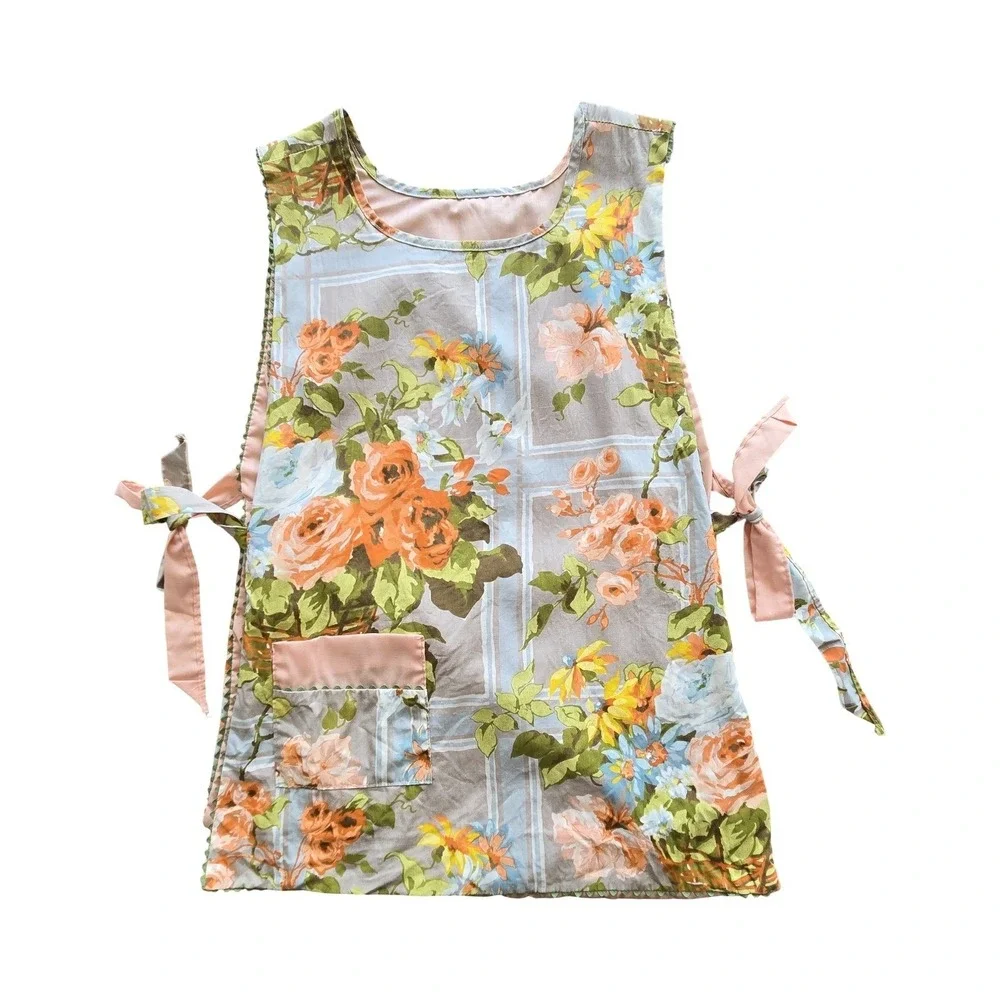 Handmade Reversible Floral Kitchen Apron Pockets Retro Cotton Linen Cottagecore